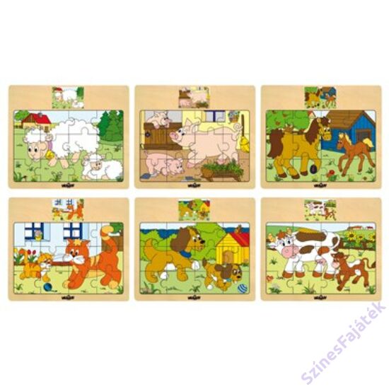 Fa puzzle, fa kirakó - Állatok és kicsinyeik - Bárányok 